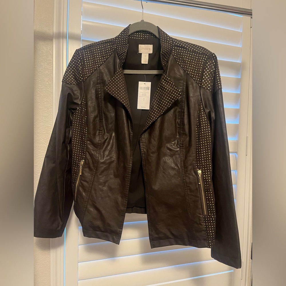 Chico's Studded Faux Leather L/S Jacket Cocoa Bean Size 1